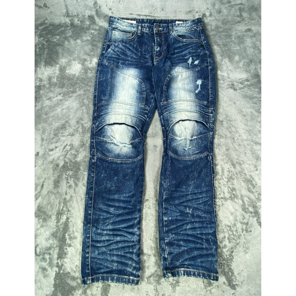 Smoke Rise Moto Jeans 34x32 Blue Distressed Biker Streetwear Denim‎ Grunge Y2K